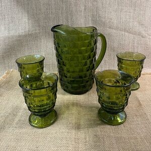 VTG MCM Indiana Colony Whitehall Cubist Avocado Green Glass Pitcher & 4 Glasses